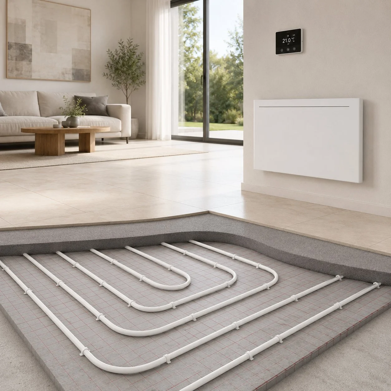 Fußbodenheizungs-Verlegebild mit Thermostat