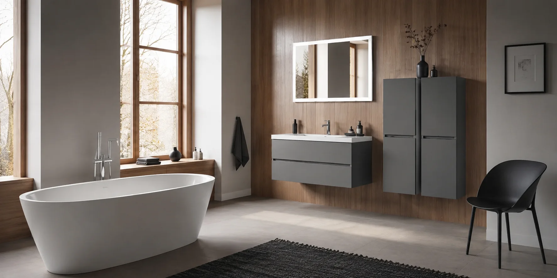 Modernes Komplettbad mit freistehender Wanne, Waschtisch und Hochschrank in Grau