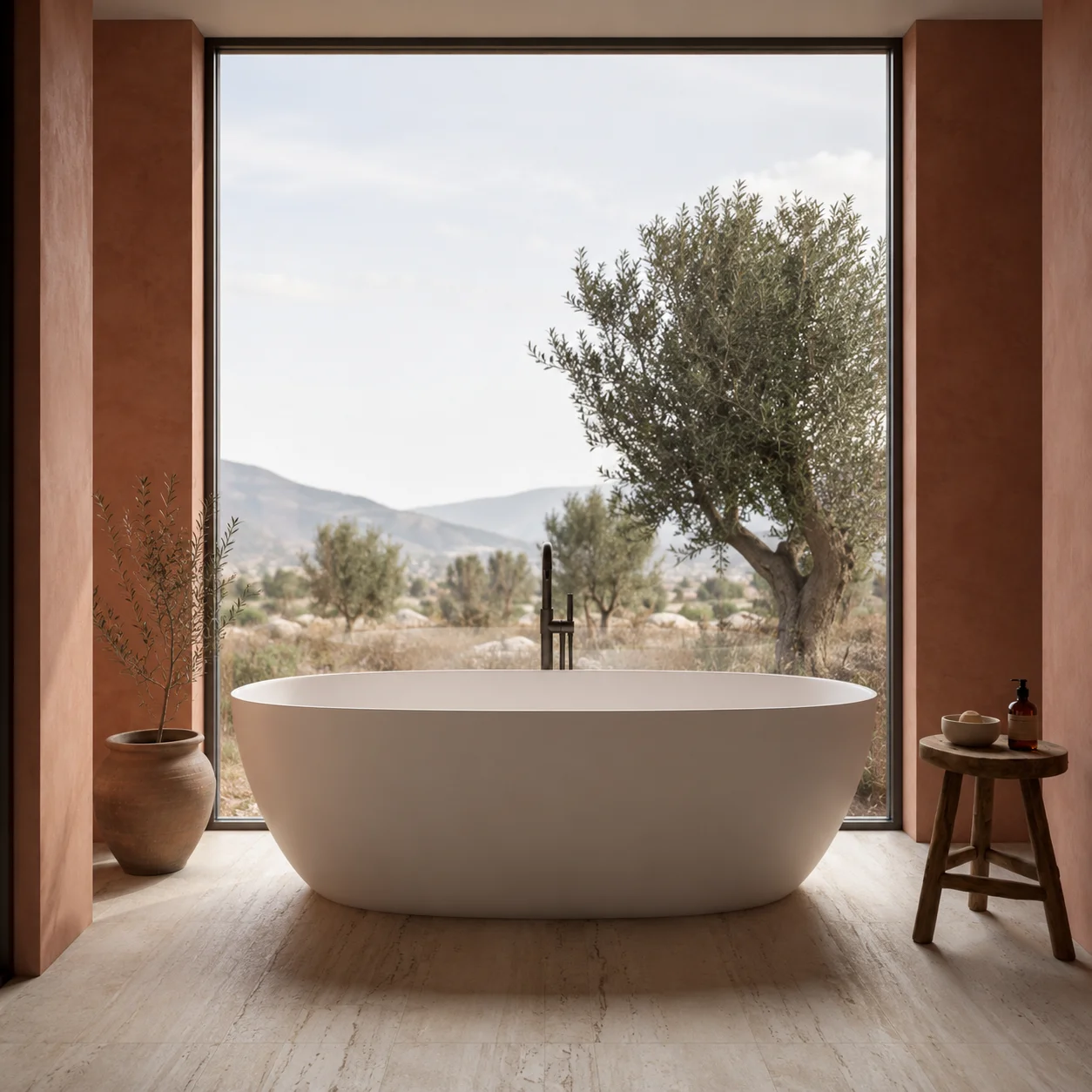 Mediterrane freistehende Badewanne vor Panoramafenster mit Terrakotta-Wänden